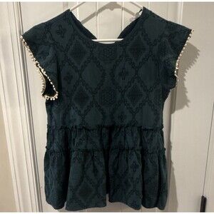 THML Womens S Green Floral Lace Peplum Top Short Sleeve Crew Neck Beaded
